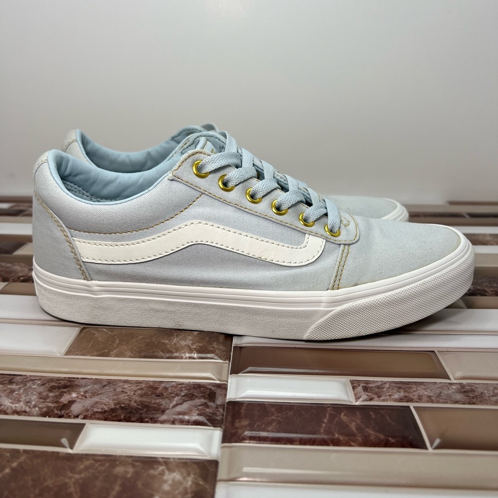 Vans Old Skool Shoe Light Blue with gold eyelet, gold stitching. Women Size 9.5